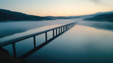 Obraz premium A long bridge stretches across still water with fog surrounding it