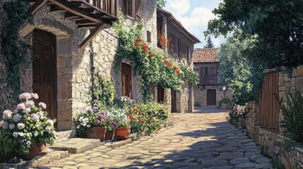 Fototapeta premium An old picturesque street scene featuring stone buildings and plants