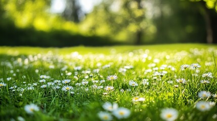 Serene Field of Green Grass with Blooming Daisies in Spring Light