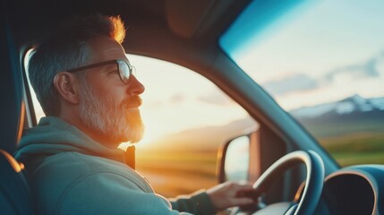 Naklejka premium Man Driving Vehicle During Golden Hour Sunset