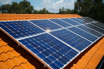 Solar Panels on Orange Tile Roof Under Bright Sunlight