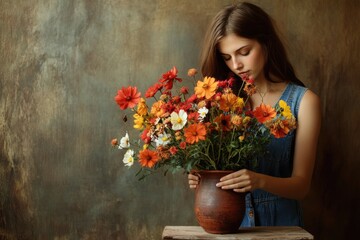 A young woman gently arranges a vibrant bouquet of cosmos and other wildflowers in a rustic clay pot.