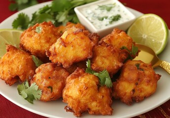 Crispy Golden Fritters Served with Fresh Herbs and Tangy Dip on a White Plate, Garnished with Lime Slices and Garnish on a Red Tablecloth