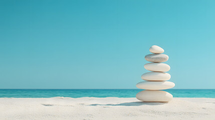 Fototapeta premium Balanced White Stones Tower on Sandy Beach Under Clear Blue Sky