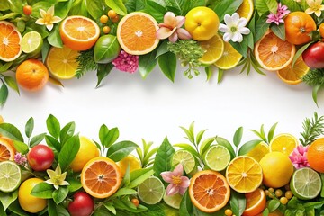 Vibrant Summer Citrus Border: Orange Fruits, Leaves & Flowers - Horizontal Banner