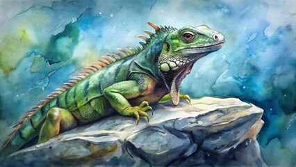 Fototapeta premium Green iguana resting on a rock, a detailed watercolor painting with a blue and green background, artistic illustration close to 120 characters