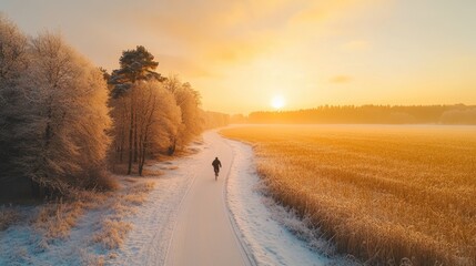 A lone cyclist rides on a snowy path at sunrise in winter