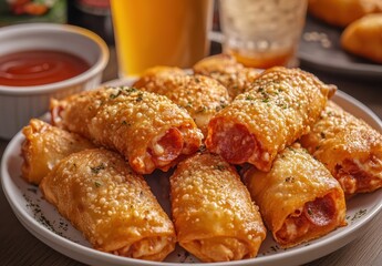 Crispy Golden Rolls Filled with Pepperoni and Cheese Served on a White Plate with Dipping Sauce and Beer in a Cozy Setting