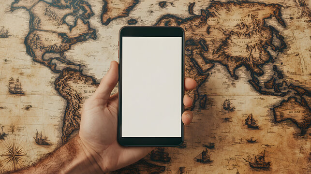 Blank Smartphone Display on Vintage World Map Background
