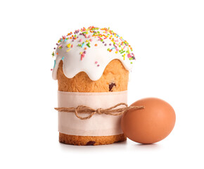Sweet Easter cake and egg on white background