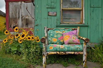 Rustic Garden Bench with Colorful Crochet Pillows