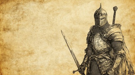 Fototapeta premium Armored knight stands ready sword in hand.