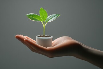A small plant seedling gently held in a hand, symbolizing growth, nature, and new beginnings.