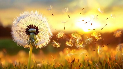 Nature's beauty: a dandelion clock sending seeds into the dawn sky.