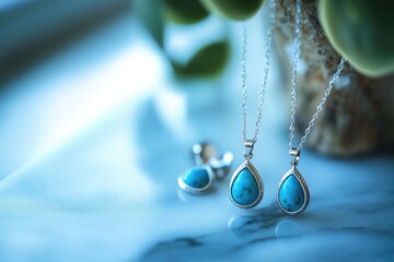 Elegant turquoise teardrop pendants and earrings set in silver, showcasing beautiful gemstone details.