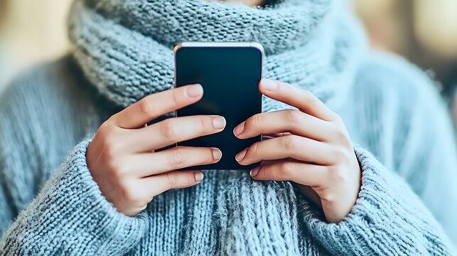 Woman's hands holding phone for winter.