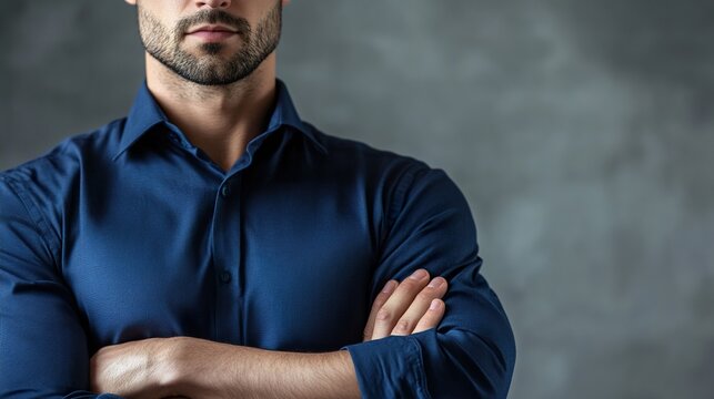 Modern businessman exudes confidence and professionalism in a deep blue shirt.