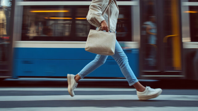 Street Shot of a Woman Mid-Stride, Rushing to Catch a Bus