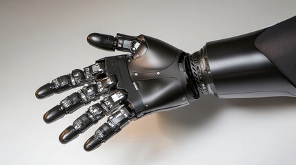 Advanced Prosthetic Hand High-tech black robotic arm, bionic engineering, medical innovation, healthcare, disability aid.