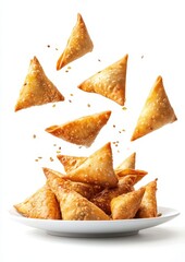 Crispy Golden Samosas in Mid-Air with Falling Seeds on a White Background for Culinary and Food Photography