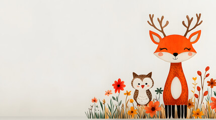 Fototapeta premium Cheerful woodland creatures in a whimsical floral landscape