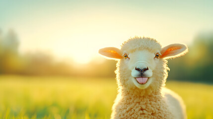 Obraz premium Close-Up of a Playful Sheep Smiling in a Pastoral Setting