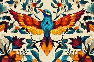 Vibrant bird amidst lush floral details