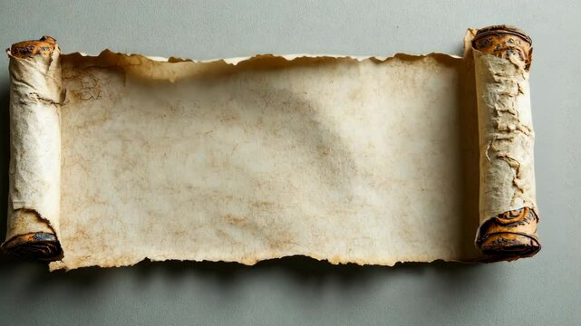 Old parchment scroll resting on a gray surface with ornate scroll ends and weathered edges showing historical writing potential