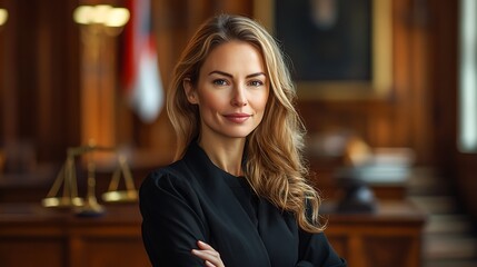 Smiling woman judge standing in court. Confident female leader in judicial robe. Symbol of justice and fairness. Empowering women in law. International Day of Women Judges celebration