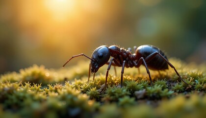 Close up of a Black Ant on Green Moss at Golden Hour Macro Photography of Insect in Nature