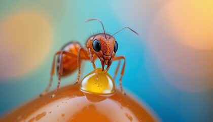 Macro Photography of Red Ant on Honey Drop Close up Insect Nature Wildlife