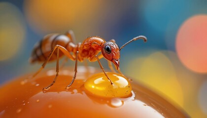 Macro Photography of Red Ant on Amber Droplet Close up Insect Detail Nature