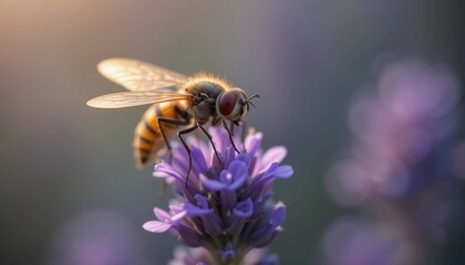 Close up of a Hoverfly on Lavender Flower in Soft Sunlight Macro Insect Photography