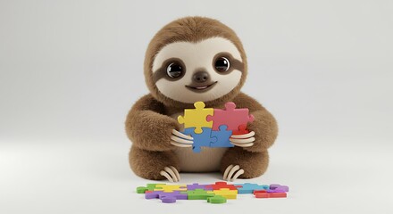 Fototapeta premium Cute 3D sloth character playing puzzle game 