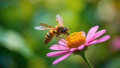 Fototapeta premium Close up of a Honeybee Pollinating a Pink Flower in a Garden Setting