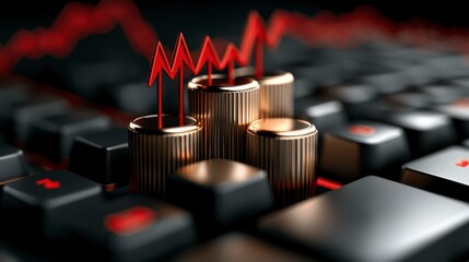 Gold Coins Stack with Rising Graph on Black Keyboard with Red LEDs
