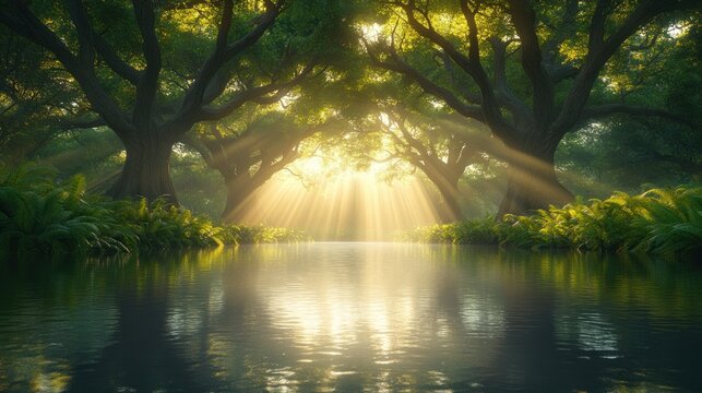 Sunlit forest path by a calm river - Powered by Adobe
