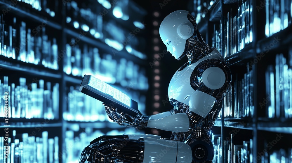 Poster hyper-realistic ai robot reading in a modern library setting