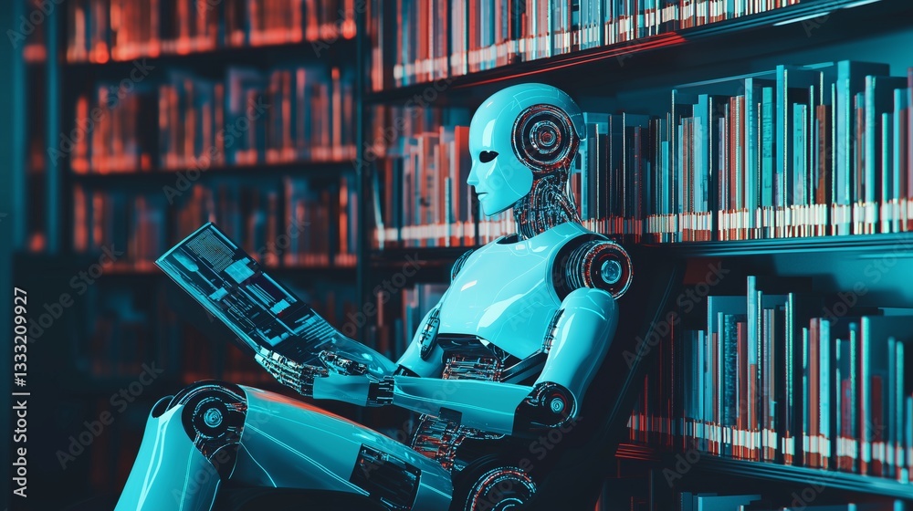 Poster hyper-realistic ai robot sitting in a library reading a book