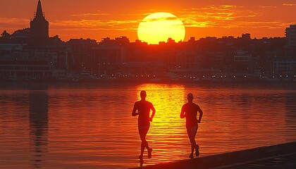 Two Joggers Running at Sunset Cityscape Water