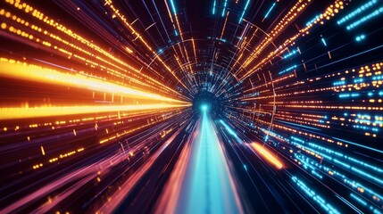 Naklejka premium Vibrant Glowing Neon Tunnel with Dynamic Light Patterns