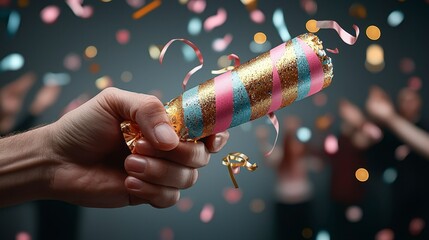 Hand Holding Colorful Party Poppers Amidst Falling Confetti in Celebration Atmosphere