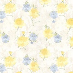 Fototapeta premium Seamless watercolor floral pattern with soft yellow and blue blossoms on a light cream background. Fresh romantic design perfect for fabric, wallpaper, wrapping paper, stationery and spring branding.