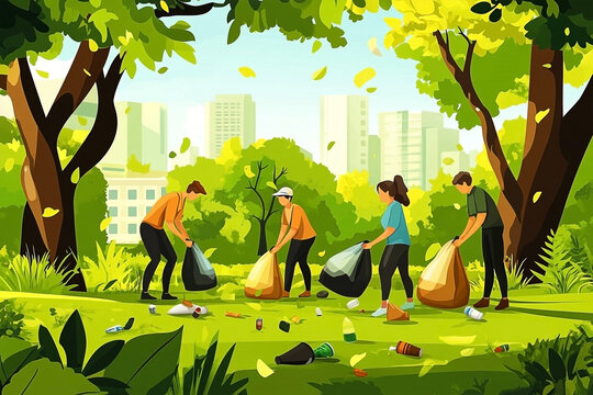 Volunteers gather litter in lush green park community cleanup effort for environment