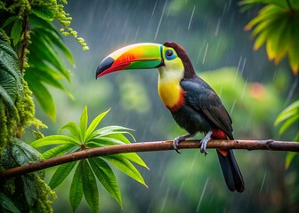 Naklejka premium Vibrant Toucan in Rainforest Rain - Long Exposure Stock Photo