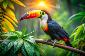 Obraz premium Vibrant Toucan Perched on Lush Green Branch - High-Resolution Stock Photo