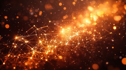 Naklejka premium Abstract network graphic, glowing orange particles, dark background. Possible use Technology, science, digital
