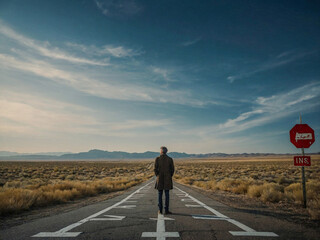 Obraz premium Man standing at a crossroads, deciding which path, thoughtful individual contemplating direction in life