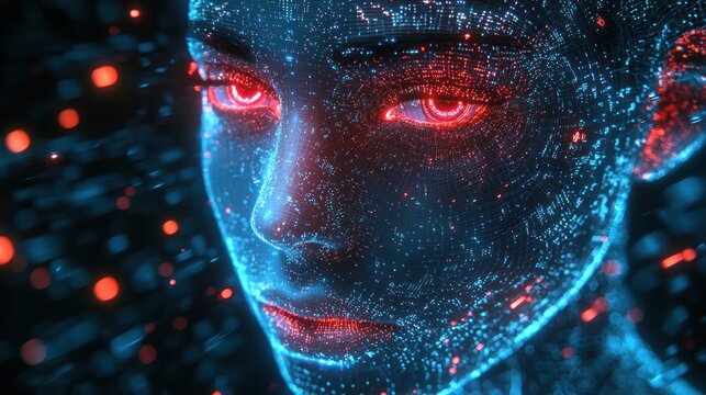 Futuristic Digital Face with Red Glowing Eyes and Data Streams