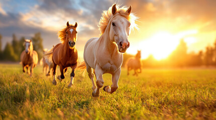 Obraz premium herd of wild horses running across open plain during sunset, showcasing their beauty and freedom